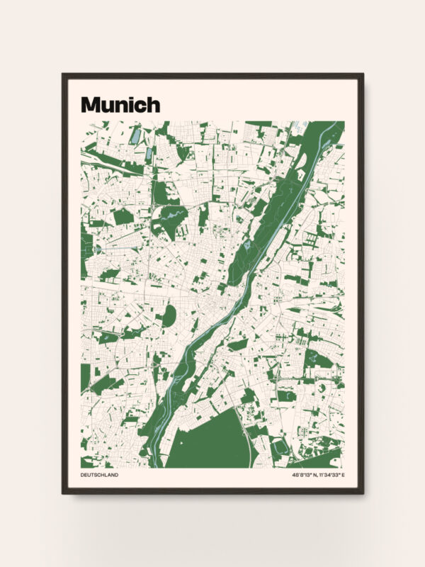 munich-city-map Munich City Map Print depicting a detailed green and beige map of Munich, Germany, framed in a simple dark frame. This Munich map print features urban layout details and geographical features, suitable for art or decor.