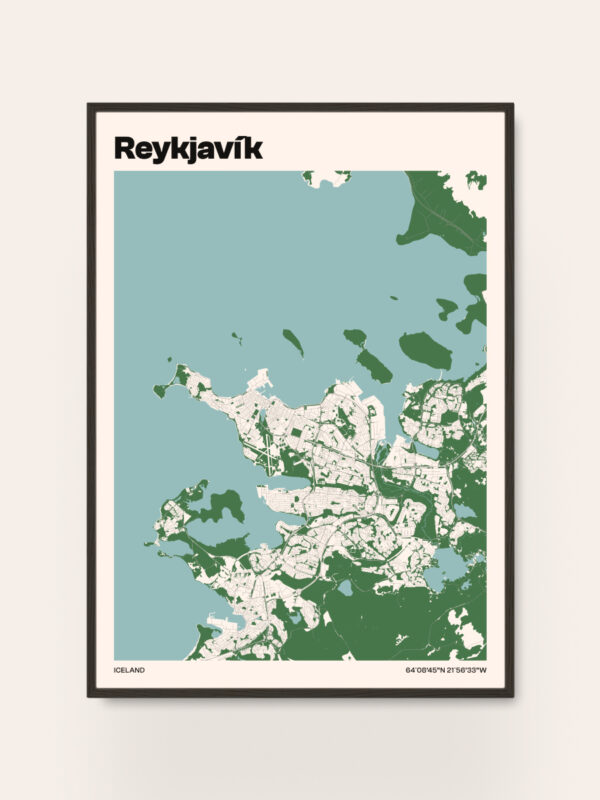 carte de la ville de Reykjavik Reykjavik City Map Print featuring a detailed map of Reykjavik in shades of green and cyan, with the city name in bold black text at the top. This Reykjavik Poster is designed to showcase the layout of the city in an artistic format.