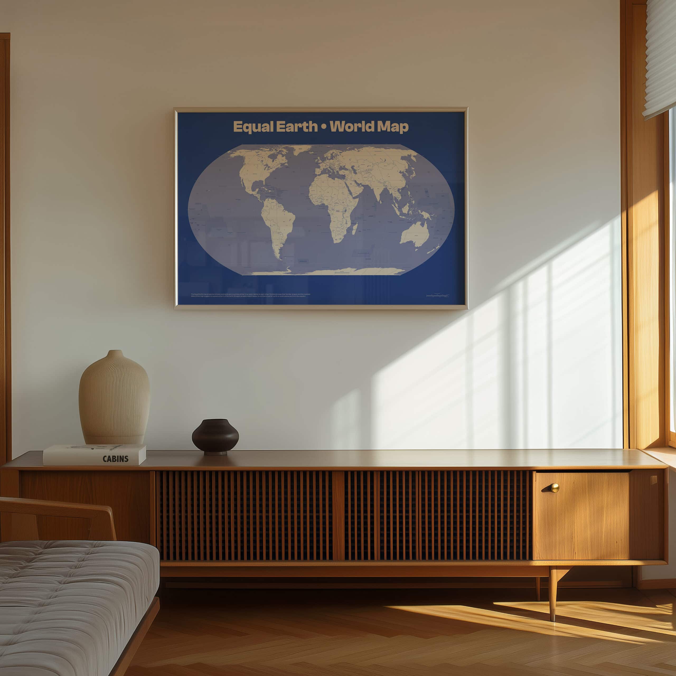 Equal Earth world map poster displayed in modern interior