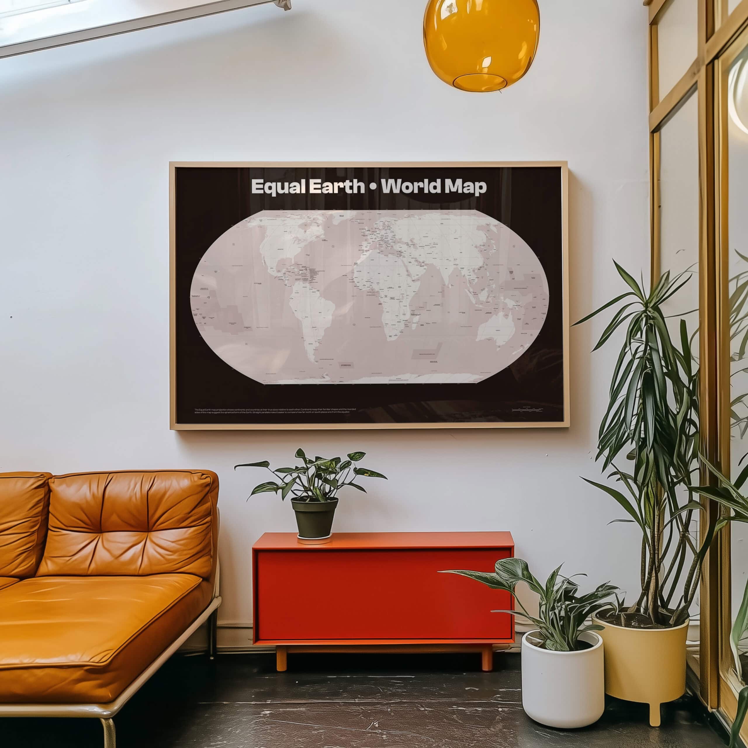 Equal Earth world map poster displayed in modern living room