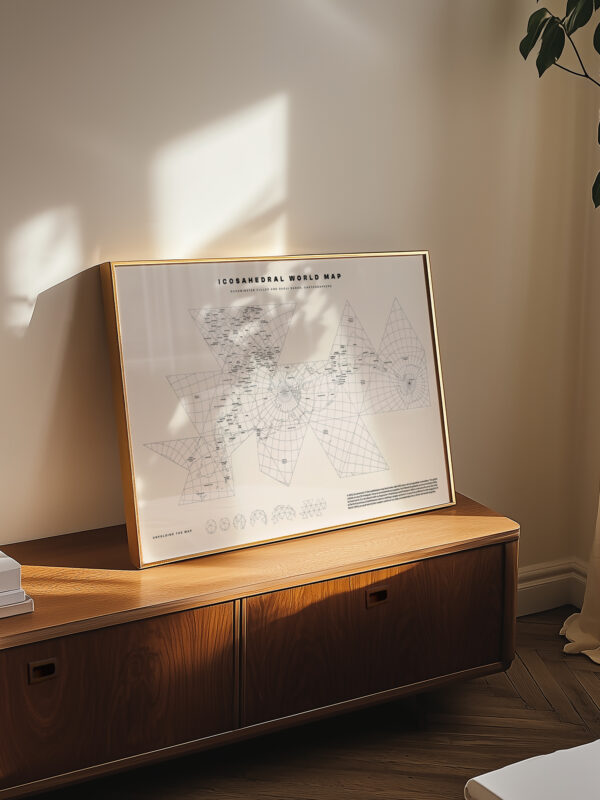 In einem hellen Zimmer steht auf einem hölzernen Beistelltisch eine gerahmte Weltkarte. Die Karte ist mit geometrischen Formen gestaltet und wird teilweise von Sonnenlicht beleuchtet. Daneben steht eine weiße Lampe auf dem Tisch, und im Hintergrund ist eine üppige Pflanze zu sehen.