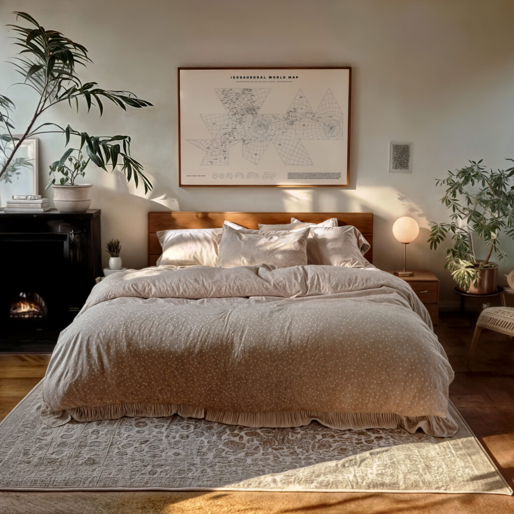 Icosahedral World Map Print displayed above a wooden bed with beige bedding, accented by decorative pillows. The print features a geometric design with a light color palette, enhancing the modern aesthetic of the room.