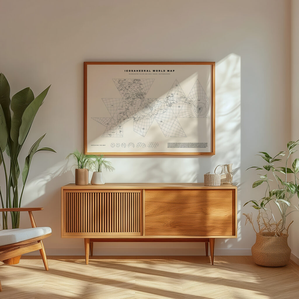 Icosahedral World Map Print displayed in a wooden frame on a light wall above a mid-century modern storage unit, featuring geometric patterns in a neutral color scheme, enhancing the room’s contemporary decor.