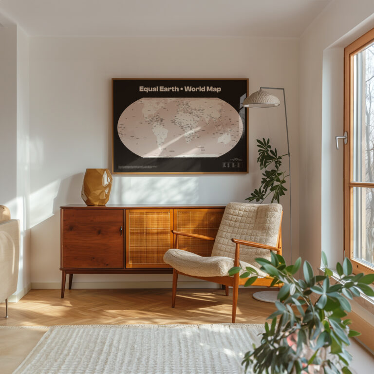 A modern living room featuring a beige upholstered armchair beside a wooden sideboard with a woven panel. A floor lamp stands next to the chair, and a potted plant is in the foreground. A poster of a world map is mounted on the wall.