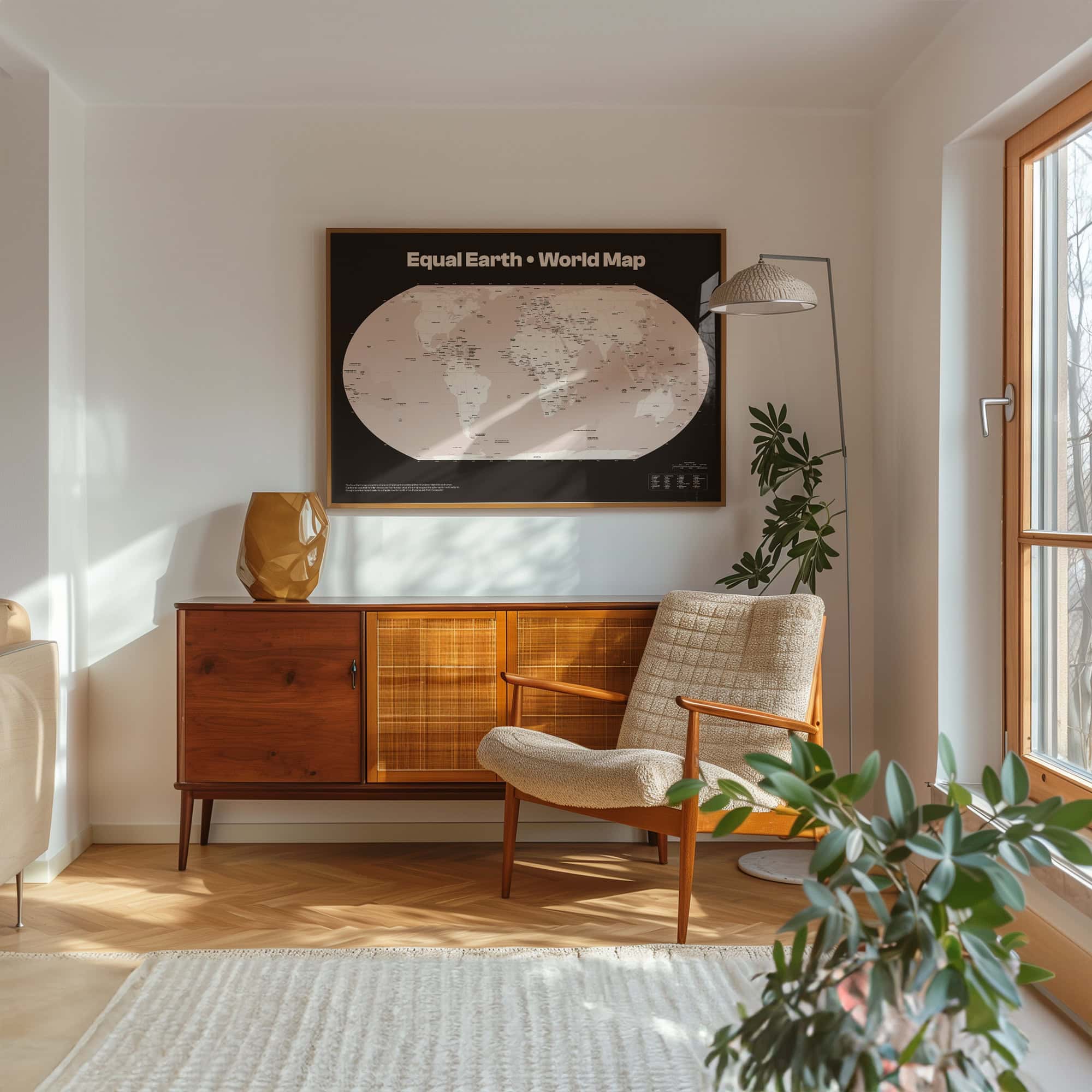 A modern living room featuring a beige upholstered armchair beside a wooden sideboard with a woven panel. A floor lamp stands next to the chair, and a potted plant is in the foreground. A poster of a world map is mounted on the wall.