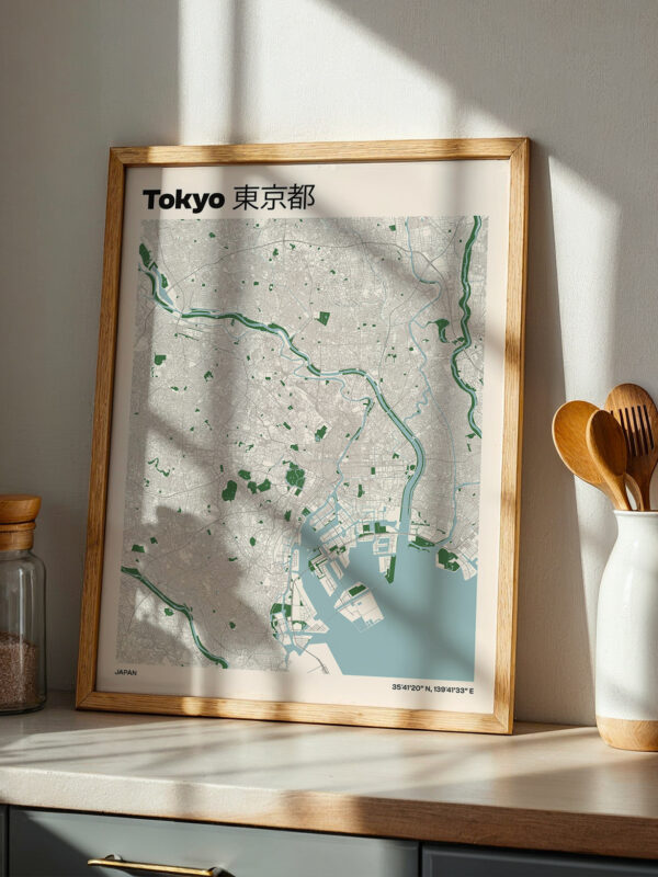 A framed map of Tokyo displayed on a countertop, featuring streets, waterways, and green spaces. The map is surrounded by a jar with a wooden lid, a white vase with wooden utensils, and a plant, with shadows casting across the scene.