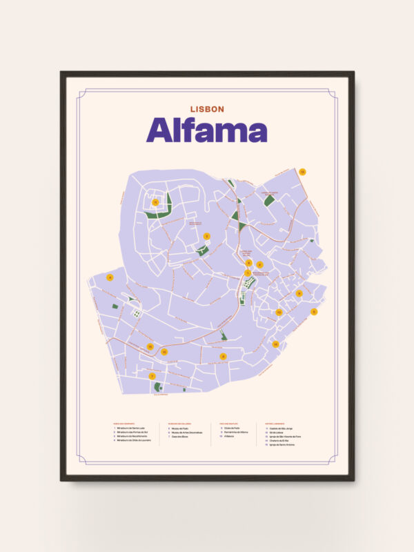 alfama-lisbon-map A map of the Alfama district in Lisbon, featuring a light lavender background with roadways and landmarks shown in various colors. The title "Lisbon Alfama" is prominently displayed at the top in bold purple letters. A legend is included at the bottom.