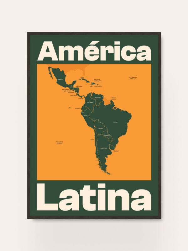 A framed illustration featuring a map of Latin America on an orange background. The words "América Latina" are prominently displayed at the top and bottom in white letters, with the map showing the outlines of various countries.