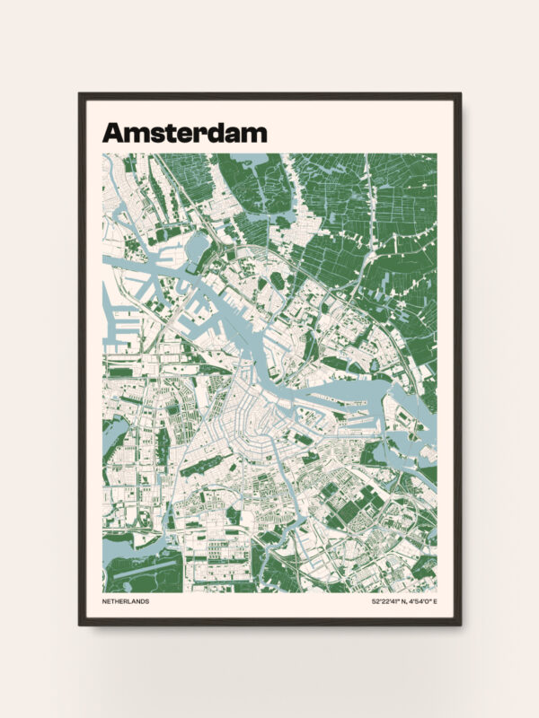 amsterdam-city-map A detailed map of Amsterdam displayed in a minimalist style. The map features green areas for parks and water, with clear outlines of streets and buildings, labeled "Amsterdam" at the top and "Netherlands" at the bottom.