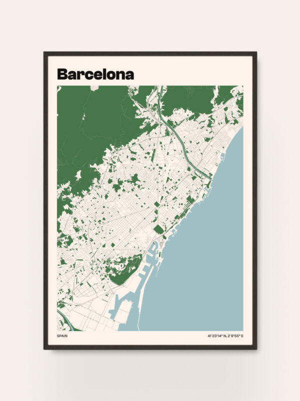 barcelona-city-map Map of Barcelona, Spain, featuring a green landscape with streets and districts outlined in white. A section of the blue ocean is visible on the right, with the title "Barcelona" displayed prominently at the top in black capital letters.