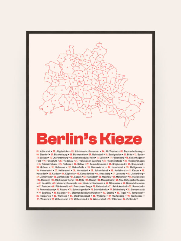 A map of Berlin's districts, outlined in light red with numbered sections. The title 'Berlin's Kieze' is prominently displayed in bold red letters at the bottom, with a list of district names beneath it, presented in black font.
