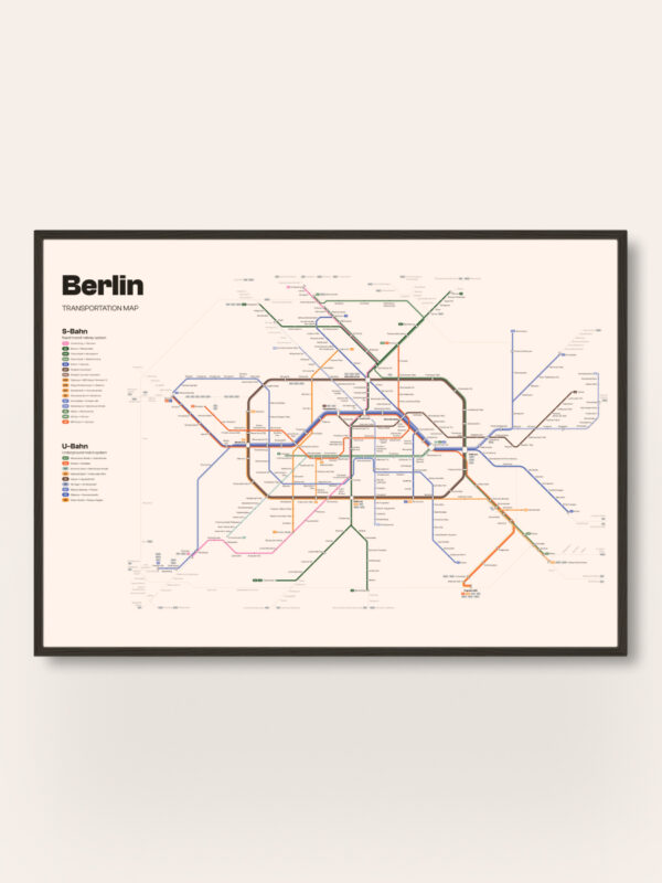 A detailed map of Berlin's public transportation system, featuring multiple colored lines representing various subway and train routes. The title "Berlin U-Bahn and S-Bahn" is prominently displayed at the top left, along with a key for line colors.