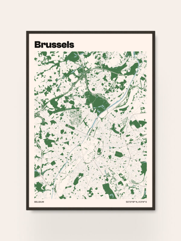 brussels-city-map A map of Brussels, Belgium, featuring a design with green spaces highlighted against a light background. The map displays streets, rivers, and urban areas in a minimalist style. The city name 'Brussels' is prominently placed at the top.