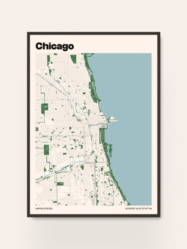 chicago-city-map A stylized map of Chicago displayed in a frame. The map features a light-colored grid showing streets, parks, and bodies of water, with dark green areas indicating green spaces. The title "Chicago" is prominently displayed at the top.