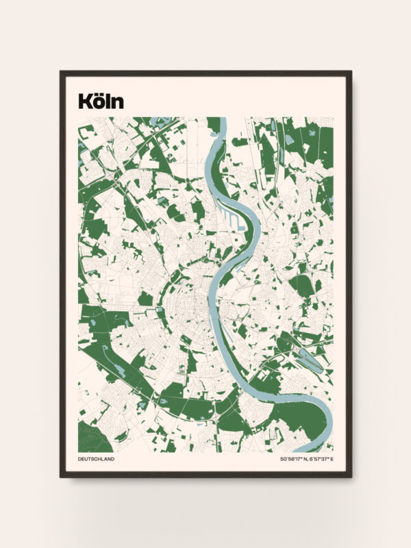 A minimalist map of Köln, Germany, featuring a light background with a detailed layout of streets and green areas. The Rhine River is prominently displayed, winding through the city. The top left corner shows the city name 'Köln' in bold black letters.