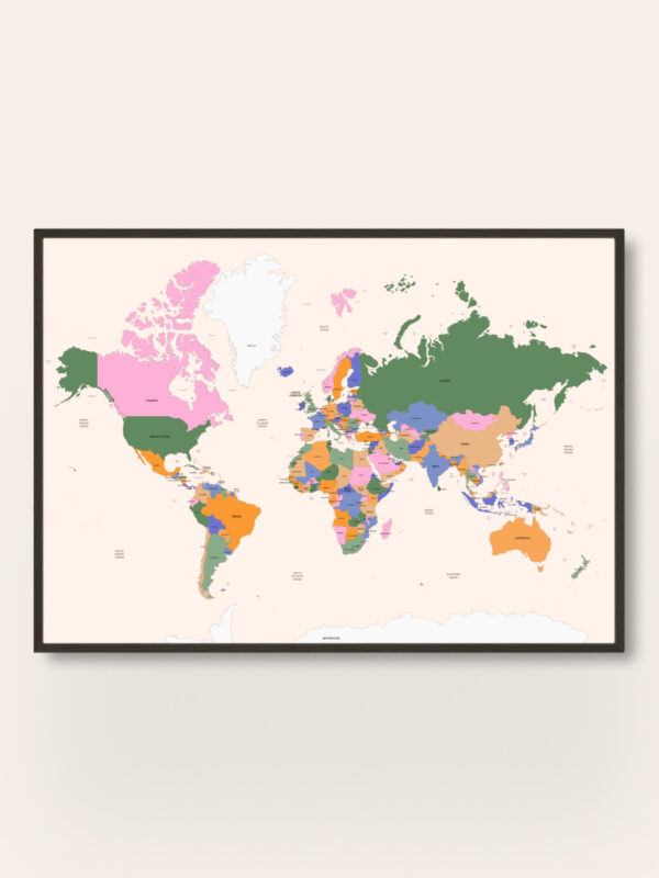A colorful world map displayed in a modern frame, featuring different countries shaded in various colors, on a light beige background. The map includes geographical features such as continents and water bodies.