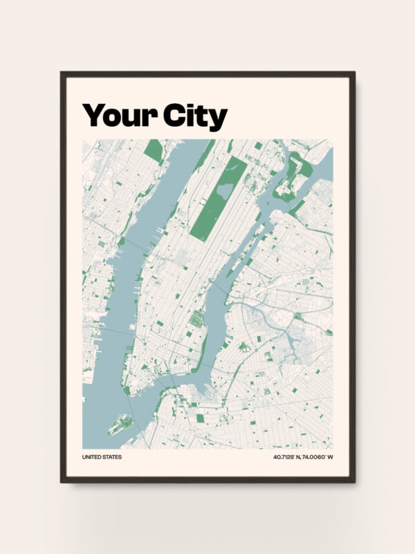 A minimalist map artwork featuring a geographical outline of a city in the United States, with labeled sections and green spaces. The title "Your City" is prominently displayed at the top in bold font. Coordinates and additional details are located at the bottom.