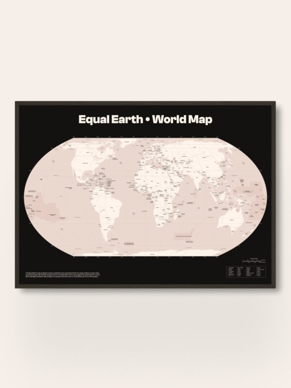A world map titled 'Equal Earth' set against a dark background. The map is presented in an oval shape with light-colored countries and cities marked. Geographic labels are visible, providing a clear representation of the continents and major locations.
