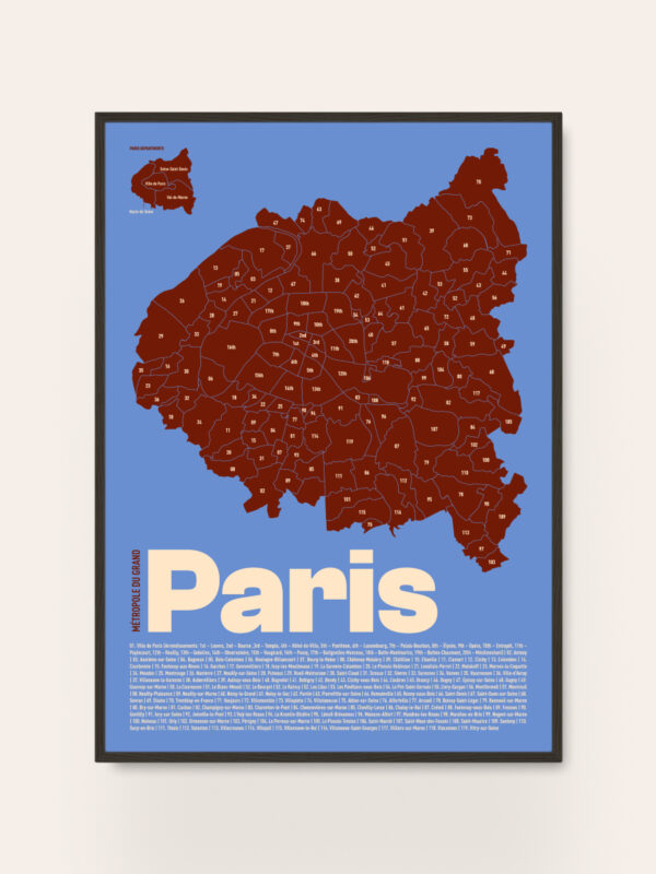 A colorful map of Paris, featuring a dark red outline of the city divided into districts on a light blue background. The word "Paris" is displayed prominently in large white letters at the bottom, accompanied by descriptive text.