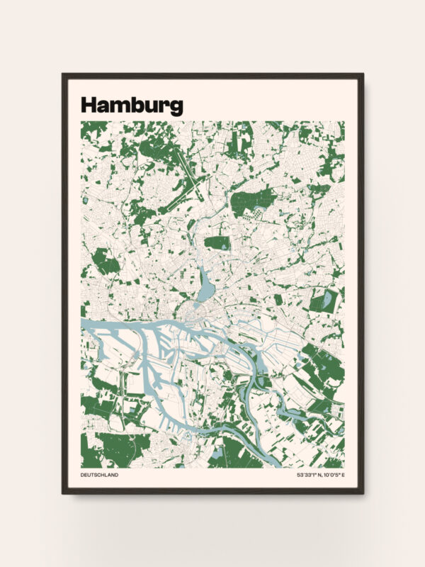 A stylized map of Hamburg, Germany, featuring light green and white areas that represent parks and urban spaces. Waterways are highlighted in blue, while the title 'Hamburg' is prominently displayed at the top in bold black letters.