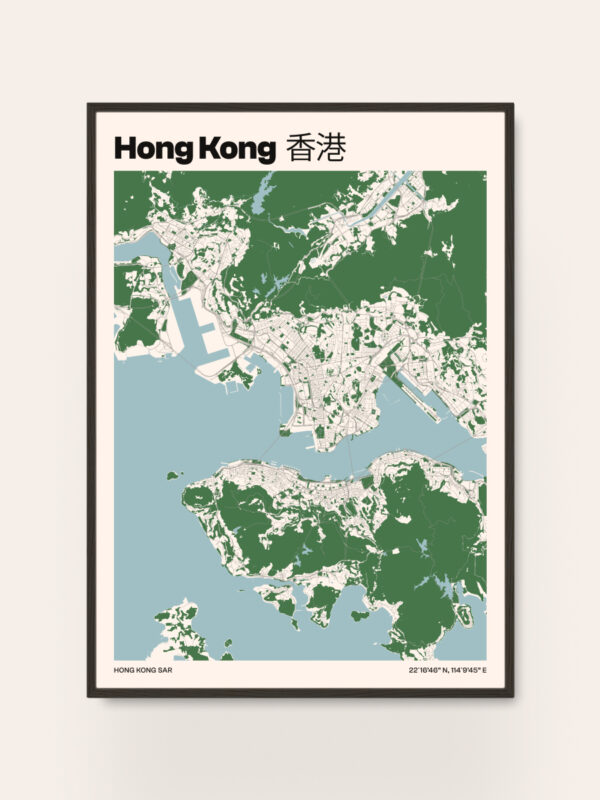 hong-kong-city-map A detailed map of Hong Kong, featuring lush green areas alongside urban regions. The map has text labels in English and Chinese, with a minimalist design on a light background. Key geographic features are illustrated in a clear, visual style.