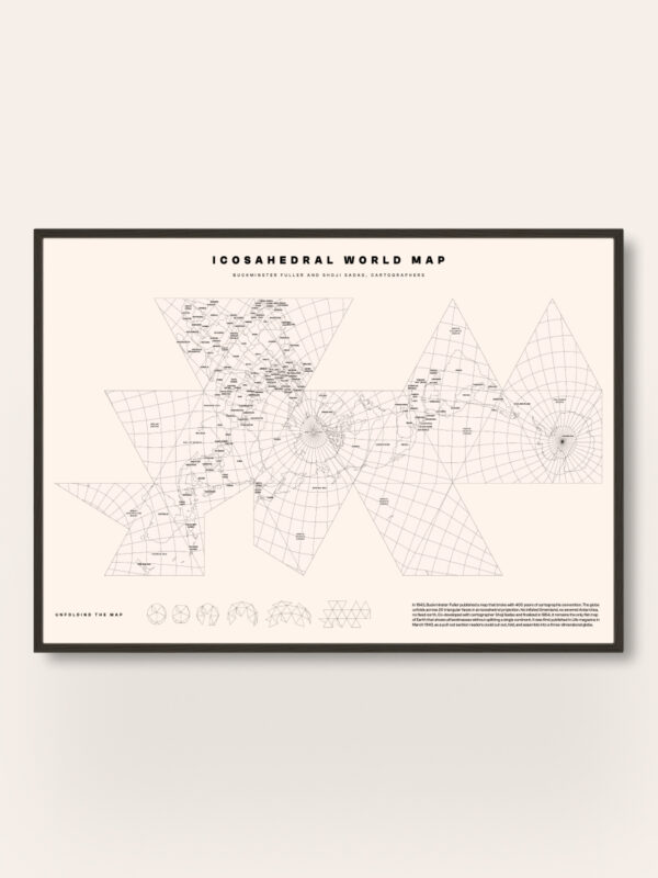 ikosaedrische Weltkarte Eine ikosaedrische Weltkarte auf weißem Hintergrund. Die Karte zeigt geometrische Formen, Gitterlinien und beschriftete Orte und konzentriert sich auf eine facettenreiche Darstellung der Geographie der Erde.