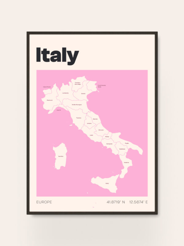 A map of Italy displayed on a pink background, showing the country's geographic outline and notable cities labeled. The map is framed, with the title 'Italy' prominently at the top and 'EUROPE' at the bottom, along with latitude and longitude coordinates.