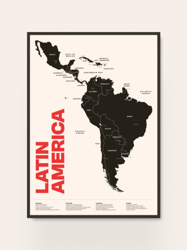 A stylized map of Latin America, featuring countries outlined in black on a light background. Prominently displayed in bold red text is "LATIN AMERICA." The map includes country names and major cities, showcasing the geographical layout.