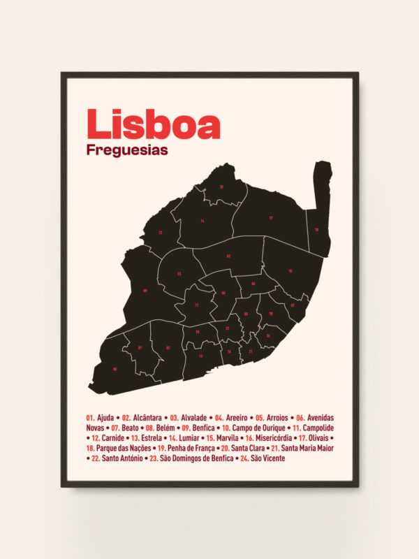 A stylized map of Lisbon, Portugal, in dark color outlines with a list of neighborhoods on the right side. The word "Lisboa" is written in bold red letters at the top, with smaller text indicating the names and numbers of various freguesias (parishes) below.