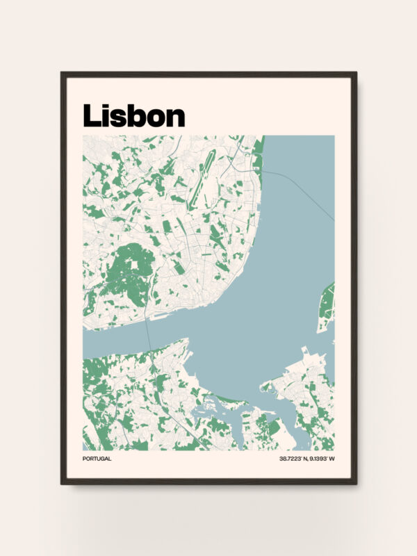 A map illustration of Lisbon, Portugal, featuring green areas alongside a body of water. The title "Lisbon" is prominently displayed at the top, with the coordinates 38.7223° N, 9.1393° W listed below. The map is set against a light background in a simple frame.