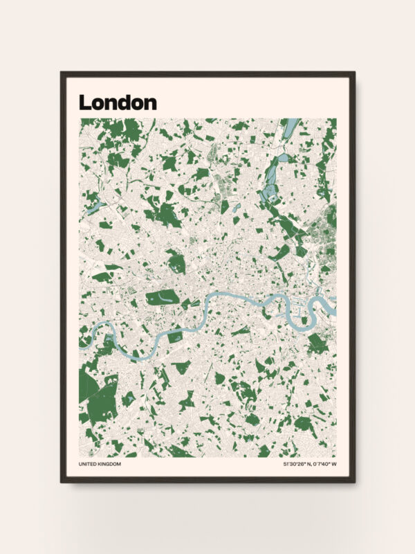 london-city-map A stylized map of London featuring green areas and the River Thames. The map has minimalistic design elements, with the city name 'London' prominently displayed at the top. The background is light beige, enhancing the map's features.