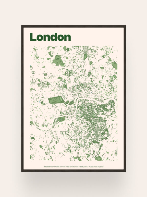A map of London displayed in green and beige colors, featuring detailed outlines of streets, parks, and landmarks. The title 'London' appears prominently at the top in bold green letters. The map has a minimalist design with clear geographical features.