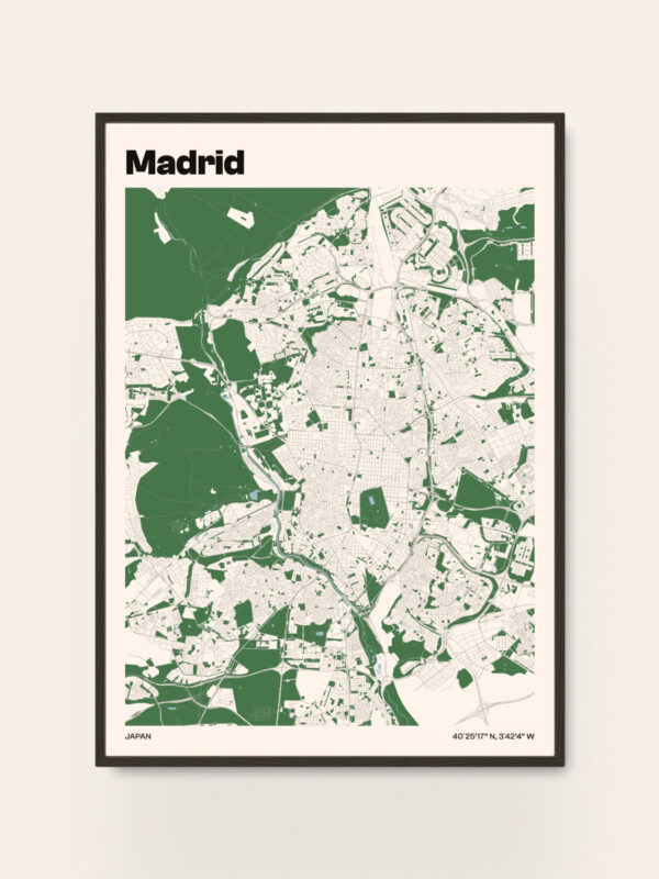 madrid-city-map A stylized map of Madrid featuring green areas and streets in a minimalist design. The title 'Madrid' is displayed prominently at the top. Coordinates are noted at the bottom, against a light background that emphasizes the map's details.