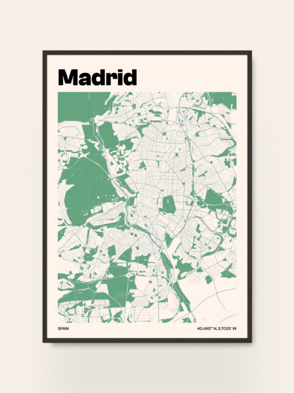 A map of Madrid, Spain, presented in a minimalist design. The map features various shades of green, highlighting parks and open spaces, with urban areas represented in lighter tones. The title "Madrid" is prominently displayed at the top.