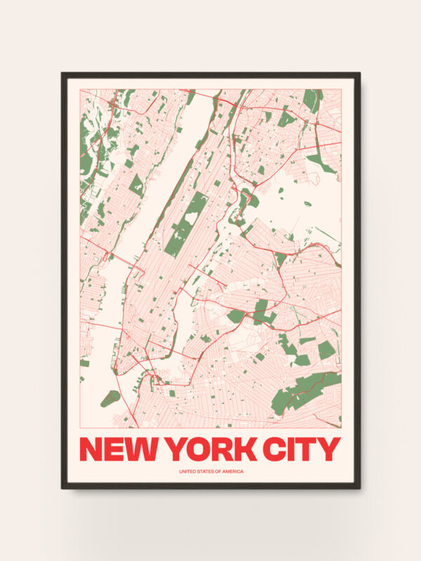 A map of New York City shown in red and green shades, with streets and landmarks outlined. The title 'NEW YORK CITY' is prominently displayed in bold red at the bottom, along with the text 'UNITED STATES OF AMERICA'.