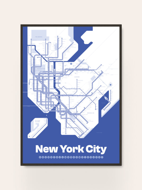 A stylized map of New York City's subway system, primarily in blue and white colors. The map displays various subway lines and stations, with 'New York City' prominently written at the bottom in white lettering.