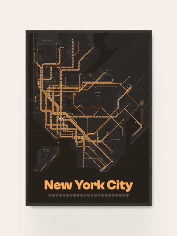 A stylized subway map of New York City, featuring a dark background with orange lines representing train routes. The text 'New York City' is prominently displayed in bold orange font at the bottom of the map.