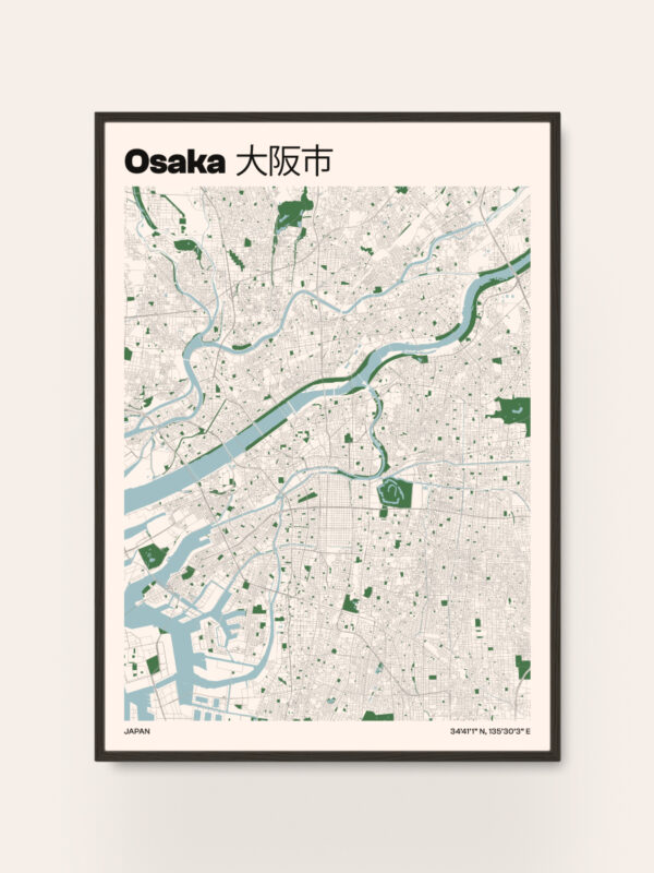 osaka-city-map A minimalist map of Osaka, Japan. The map displays waterways, roadways, and green spaces, with the title "Osaka" and its Japanese characters at the top. The design emphasizes a clean layout on a light background, outlined in a black frame.