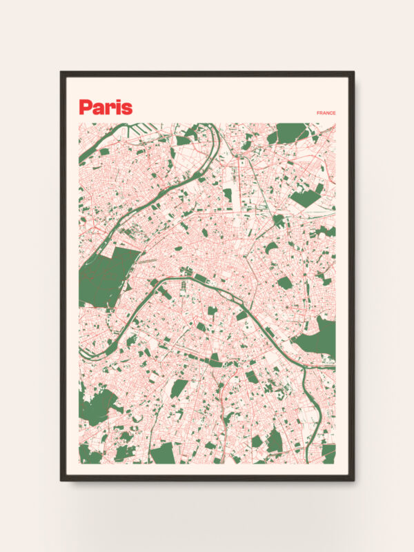 A stylized map of Paris, featuring a light pink background with green areas indicating parks and open spaces. The city’s streets and waterways are outlined in darker tones. The title "Paris" is prominently displayed in bold red text at the top.