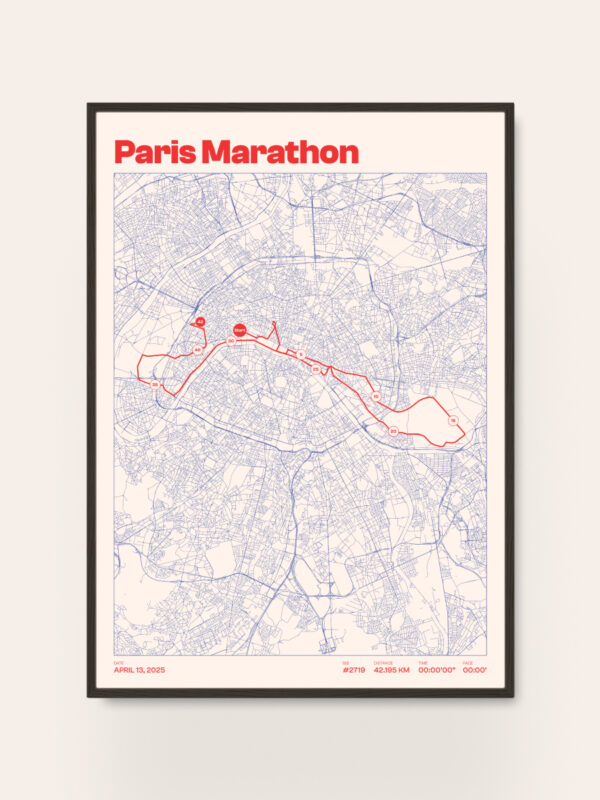 A framed poster depicting a map of the Paris Marathon route, displaying a light blue background with a red line marking the race course. Key points, such as start and finish, are highlighted in red. The date, distance, and title 'Paris Marathon' are prominently featured.