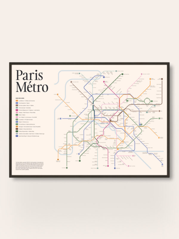 A stylized map of the Paris Métro system, featuring various colored lines representing different train routes. The title 'Paris Métro' is prominently displayed at the top, along with a legend indicating stops and connections on the right side.