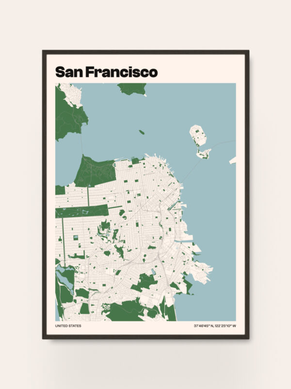san-francisco-city-map A stylized map of San Francisco with green land areas and light-colored streets. The title "San Francisco" is displayed at the top, along with the label "UNITED STATES" at the bottom. The map shows various neighborhoods and water bodies along the coastline.