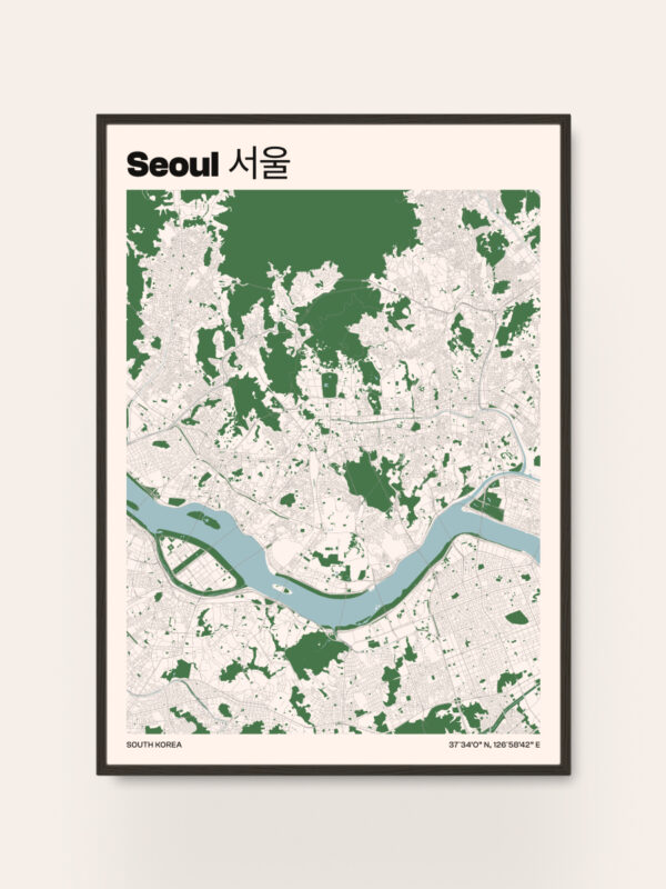 seoul-city-map A minimalist map of Seoul, South Korea, featuring prominent waterways and green spaces. The map is primarily in white and light gray with green areas indicating parks or forests, labeled with the name 'Seoul' in both English and Korean at the top.