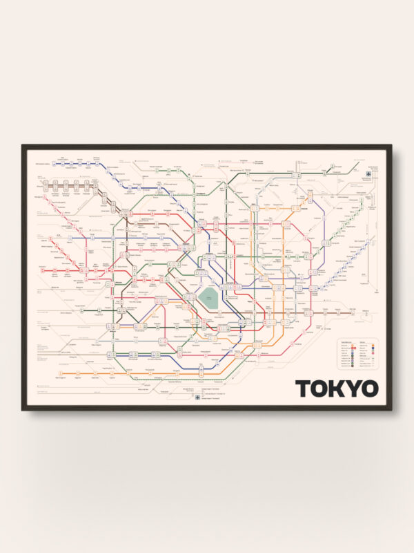 A framed map of the Tokyo subway system, displaying various colored lines representing different routes and stations. The word "TOKYO" is prominently featured in bold letters at the bottom, and the layout appears detailed yet organized.