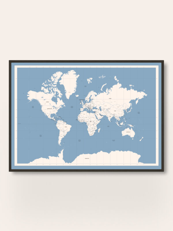 A world map with a light blue background, showing landmasses in white. The map includes geographical labels and a grid overlay. It is framed in a simple black frame and set against a neutral-colored background.